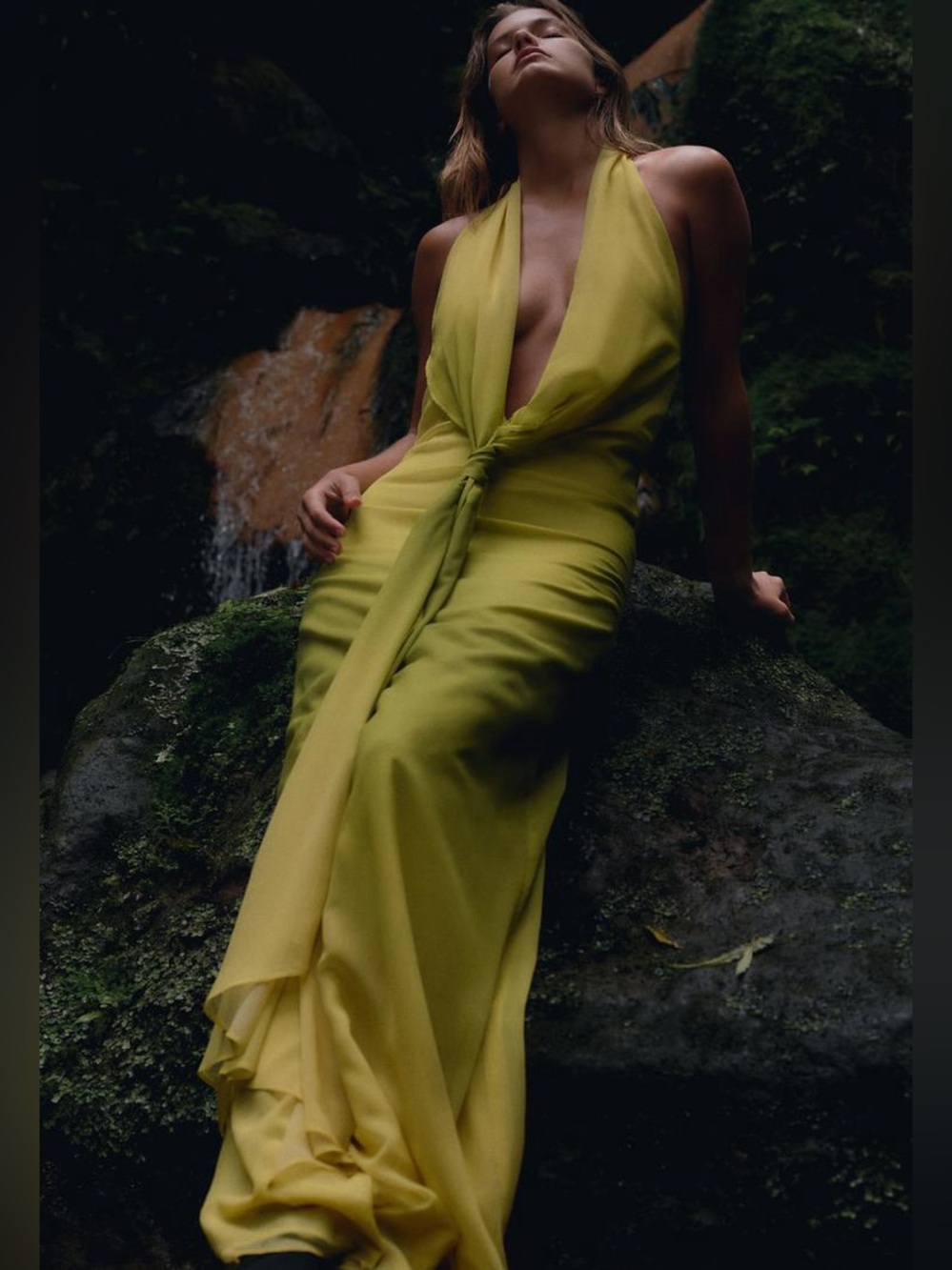 Zara Knotted Front Halter Dress Long V-Neck Yellow Green Blogger’s Fave XS